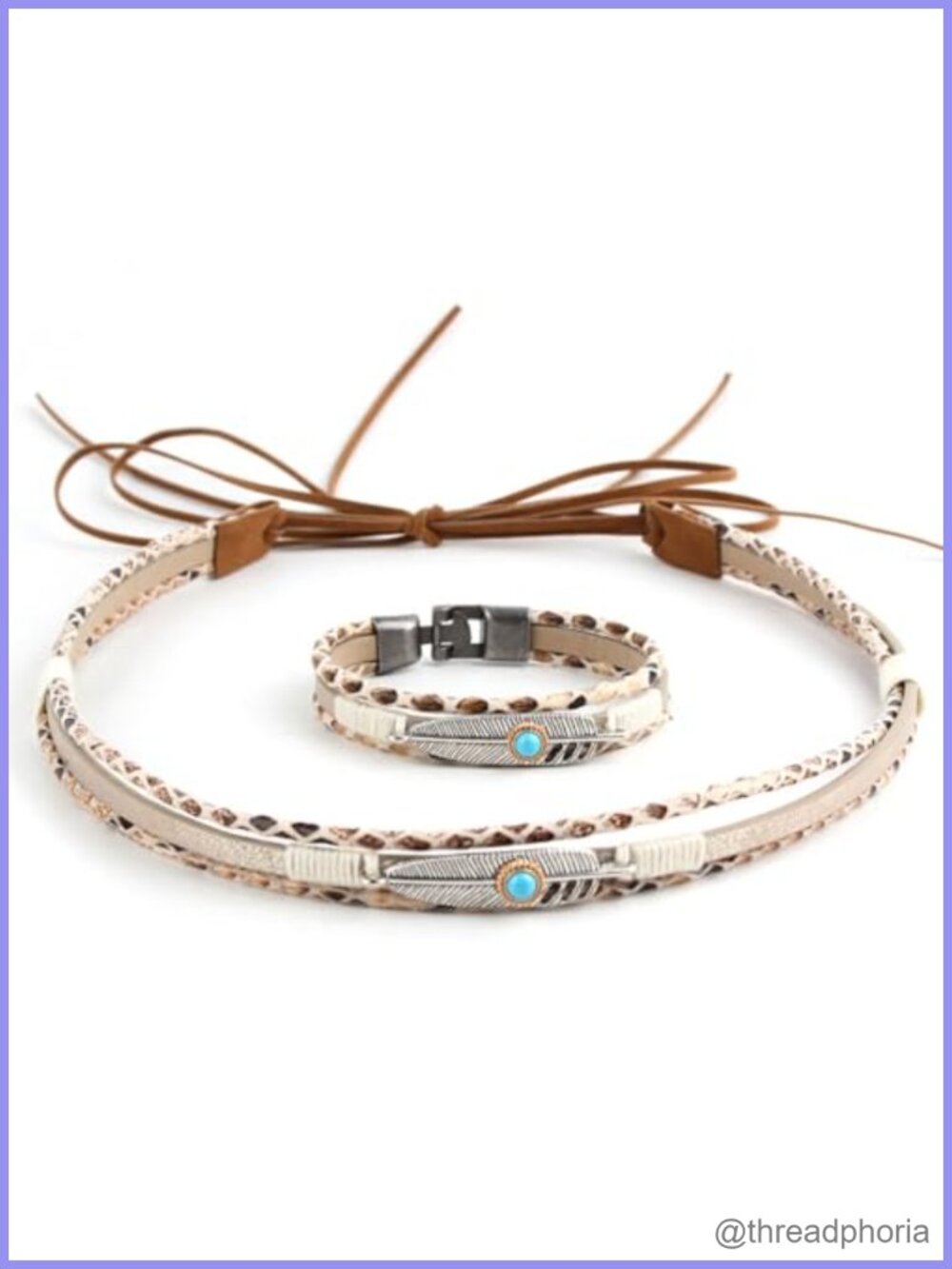 PU Leather Western Hat Band & Cuff Bracelet Set Metal Leaf Turquoise Cowgirl